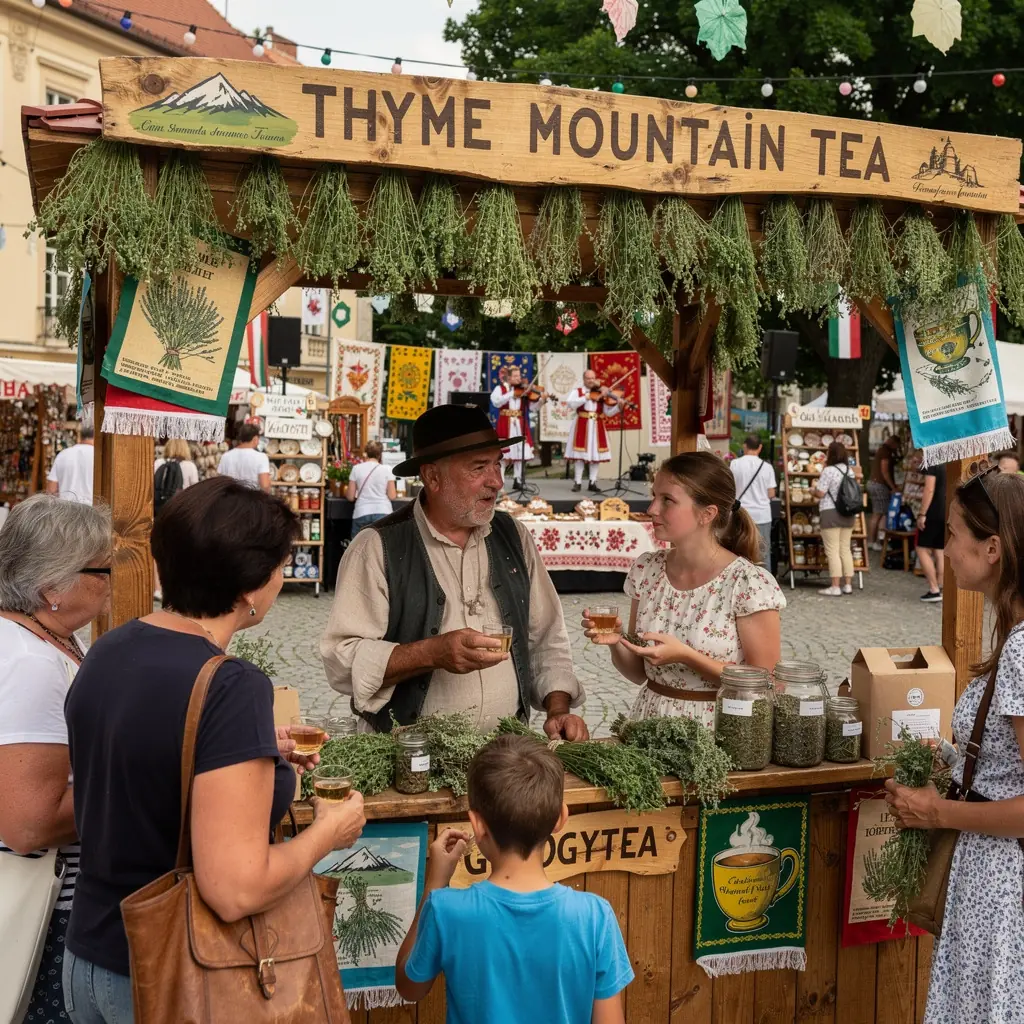 Egy csésze gőzölgő kakukkfű tea, mellette szárított gyógynövények.