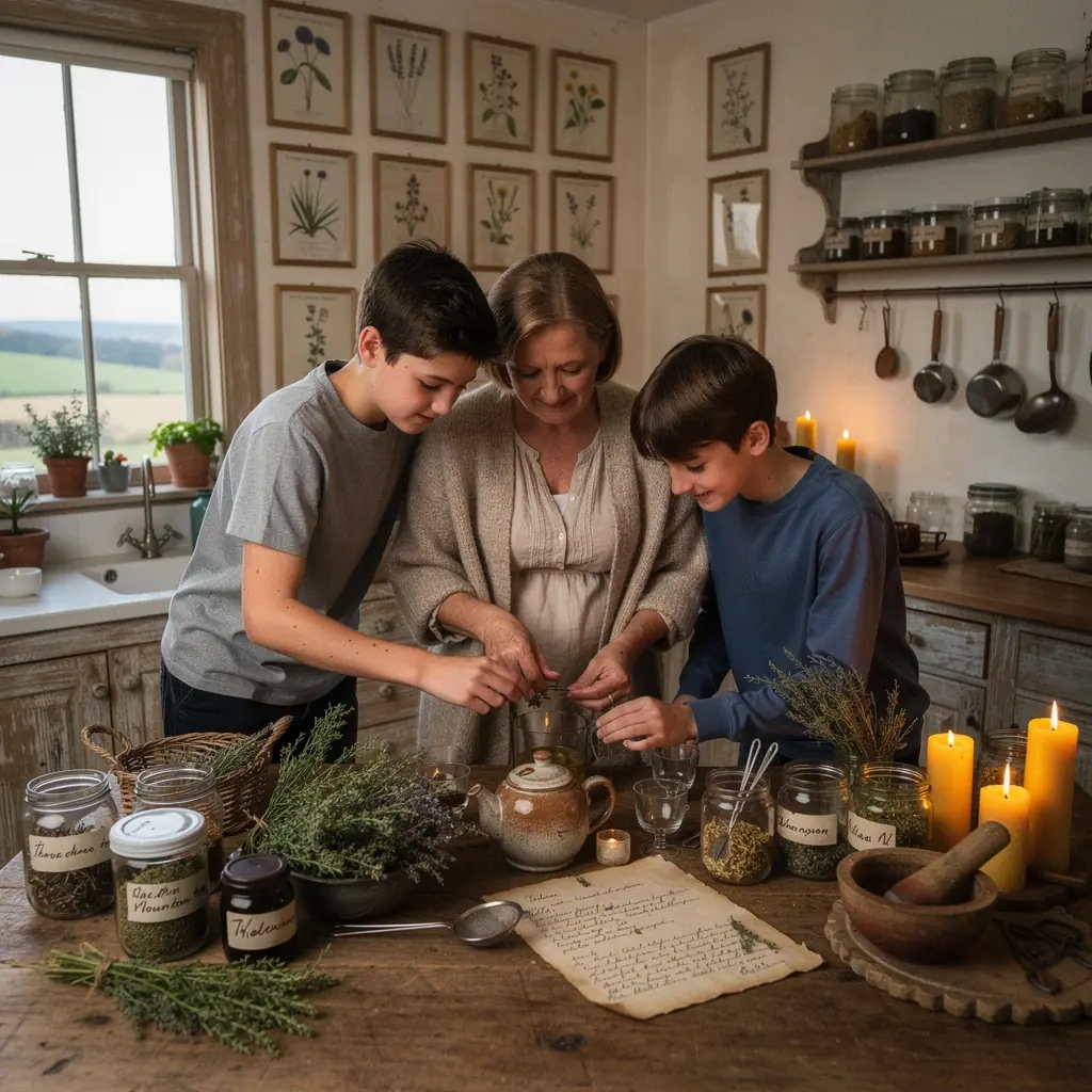 Többféle vad gyógynövényből készült csésze friss kakukkfű tea.